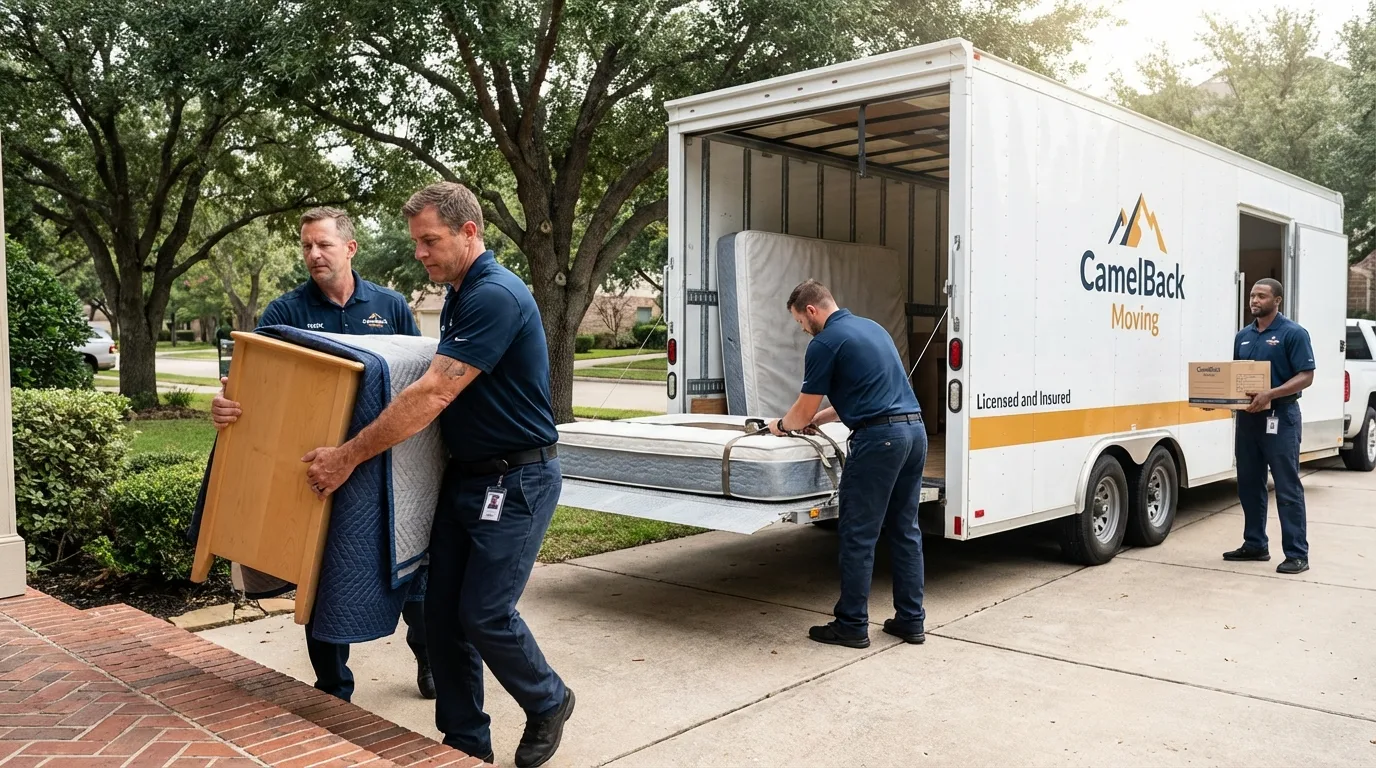 Crew loading residential truck for cross-state move from Snyder, OK