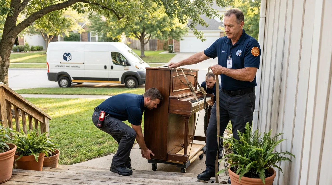 Licensed piano movers securing grand piano in Snyder, OK
