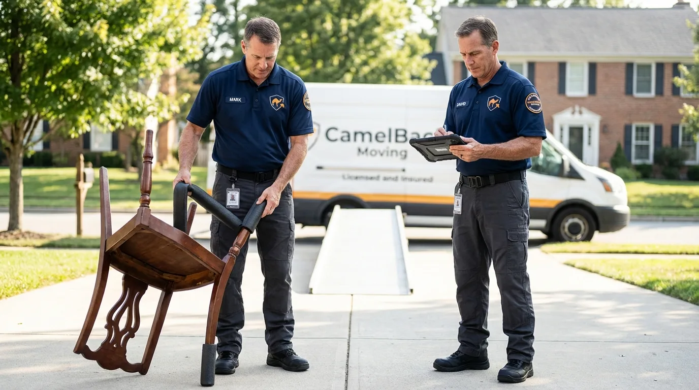 Movers inspecting furniture for damage prevention before loading in Snyder, OK
